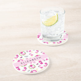 Dessous De Verre En Grès Motif tropical, Flamants roses, Fleurs, Votre Nom