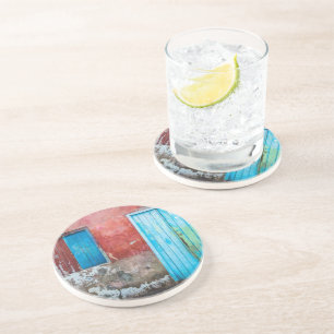 Dessous De Verre En Grès Mur, porte et fenêtre rouge, bleu et gris