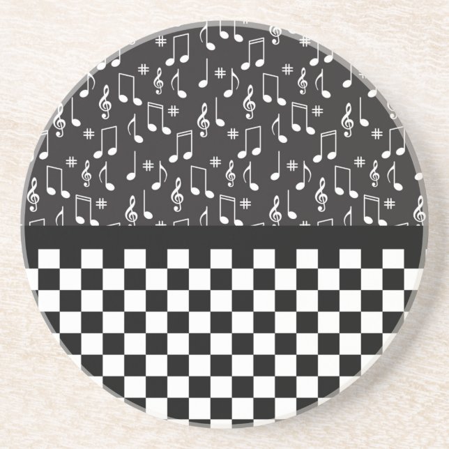 Dessous De Verre En Grès Musique et damier noir et blanc (Devant)
