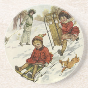 Dessous De Verre En Grès Noël vintage, enfants victoriens faisant de la lug