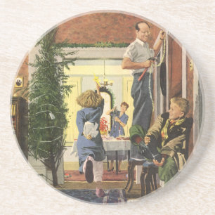 Dessous De Verre En Grès Noël vintage, famille décorant la maison