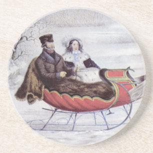 Dessous De Verre En Grès Noël Vintage, La Route Hiver, Cheval Sleigh