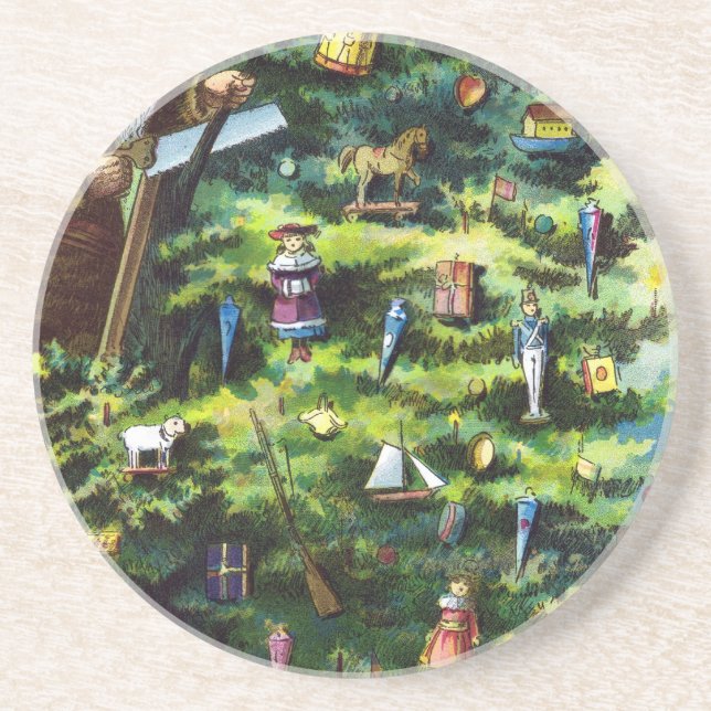 Dessous De Verre En Grès Noël vintage, Père Noël victorien avec arbre (Devant)