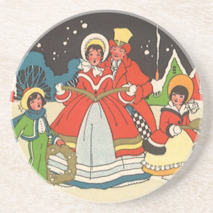Dessous De Verre En Grès Noël vintage, une famille chantant des chants de N