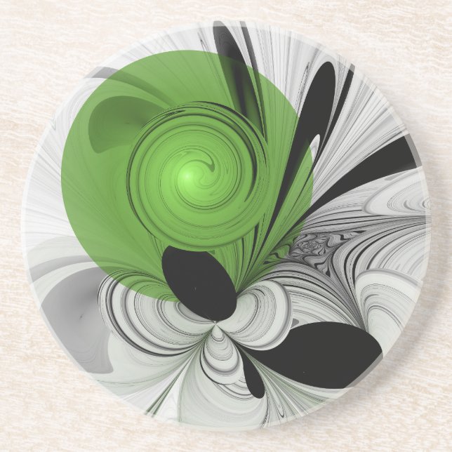 Dessous De Verre En Grès Noir Abstrait et blanc avec art fractal vert (Devant)