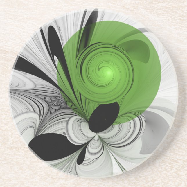 Dessous De Verre En Grès Noir Abstrait et blanc avec art fractal vert (Devant)