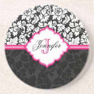 Dessous De Verre En Grès Noir blanc et rose Vintage Damas florales