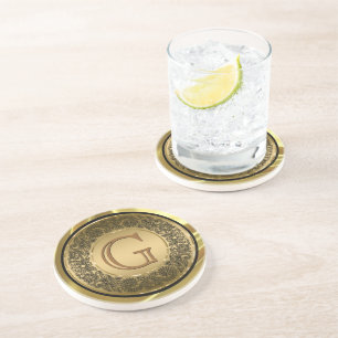 Dessous De Verre En Grès Noir Et GoldCircle Floral Design Monogramme