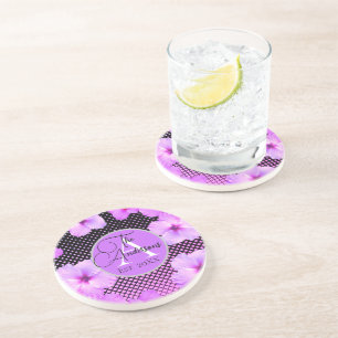 Dessous De Verre En Grès Nom de famille Hibiscus rose chaud