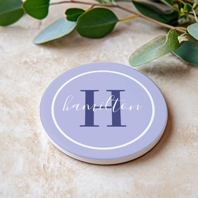 Dessous De Verre En Grès Nom élégant en script monogrammé rond violet (Créateur téléchargé)