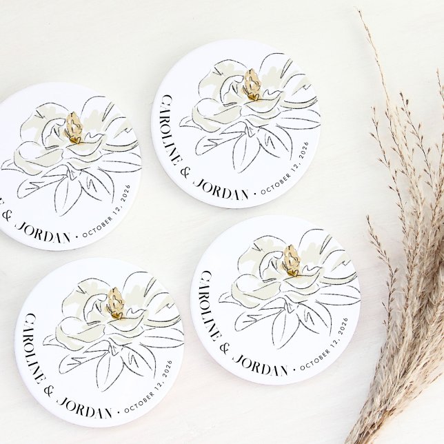 Dessous De Verre En Grès Nom personnalisé du Mariage d'illustration blanc M (Beautiful Southern-inspired white magnolia illustration wedding custom name sandstone coasters.)