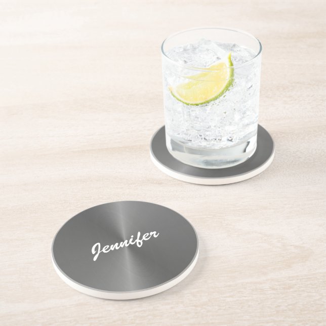 Dessous De Verre En Grès Nom personnalisé gris brillant faux métal (Côté)