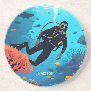 Dessous De Verre En Grès Nom personnalisé Scuba Diver