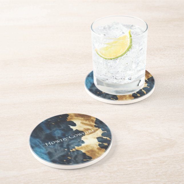 Dessous De Verre En Grès Occidental Blue Gold Cowboy Cowhgirl (Côté)