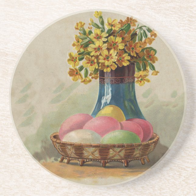 Dessous De Verre En Grès Oeufs Pâques Panier Fleurs Antique (Devant)