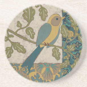 Dessous De Verre En Grès Oiseau jaune et bleu Turquoise perché sur une bran