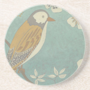 Dessous De Verre En Grès Oiseau jaune, gris et beige été perché sur une