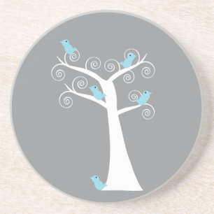 Dessous De Verre En Grès Oiseaux bleus fantaisistes arbre gris tourbillonna