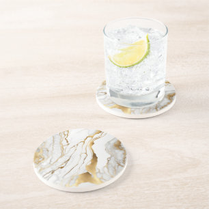 Dessous De Verre En Grès Or et Marbre blanc Abstrait