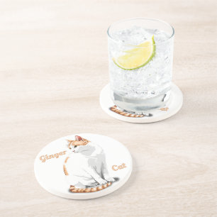 Dessous De Verre En Grès Orange Gingembre et Chat Blanc Personnalisé