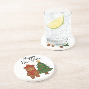Dessous De Verre En Grès Ours mignon d'hiver avec arbre de Noël Bonne année