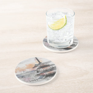 Dessous De Verre En Grès Pagode japonaise et Fuji à l'aquarelle