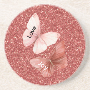 Dessous De Verre En Grès Paillettes Rouges Rose Amour Joie Papillons