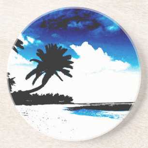 Dessous De Verre En Grès Palmier blanc noir bleu Silhouette