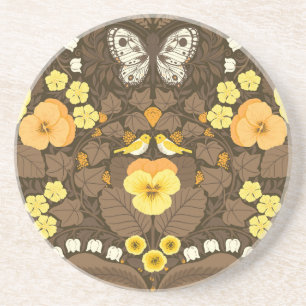 Dessous De Verre En Grès Pansies jaunes, oiseaux et papillons