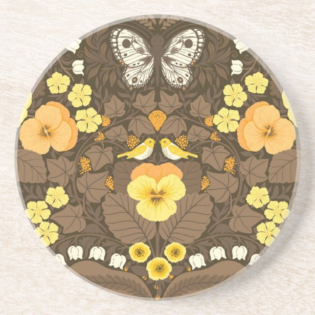 Dessous De Verre En Grès Pansies jaunes, oiseaux et papillons (Devant)
