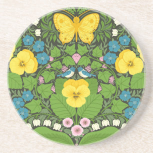 Dessous De Verre En Grès Pansies jaunes, oiseaux et papillons