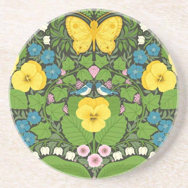 Dessous De Verre En Grès Pansies jaunes, oiseaux et papillons (Devant)