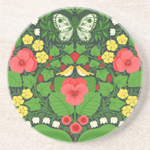Dessous De Verre En Grès Pansies rouges, oiseaux et papillons