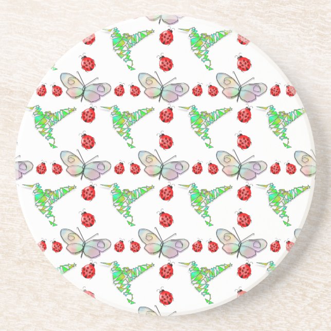 Dessous De Verre En Grès Papillon, colibri et Motif de coccinelle (Devant)
