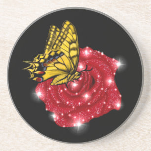 Dessous De Verre En Grès Papillon sur rose rouge avec étoiles et gouttes de