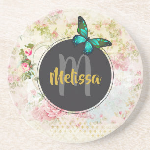 Dessous De Verre En Grès Papillon vert sur chic Vintage monogramme collage