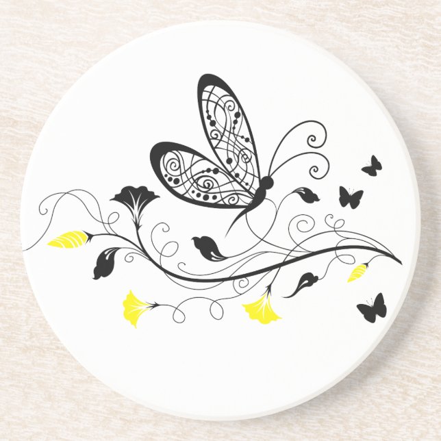Dessous De Verre En Grès Papillons en dentelle noire 3 (Devant)