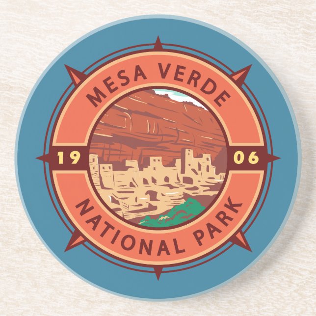 Dessous De Verre En Grès Parc national de Mesa Verde Emblem Retro Compass (Devant)