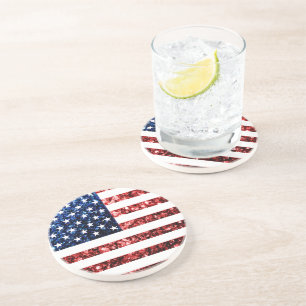 Dessous De Verre En Grès PARTIES SCINTILLANT américaines drapeau rouge bleu