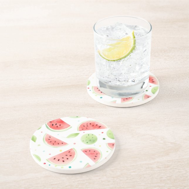 Dessous De Verre En Grès Pastèque Fruit Vert Rose (Côté)