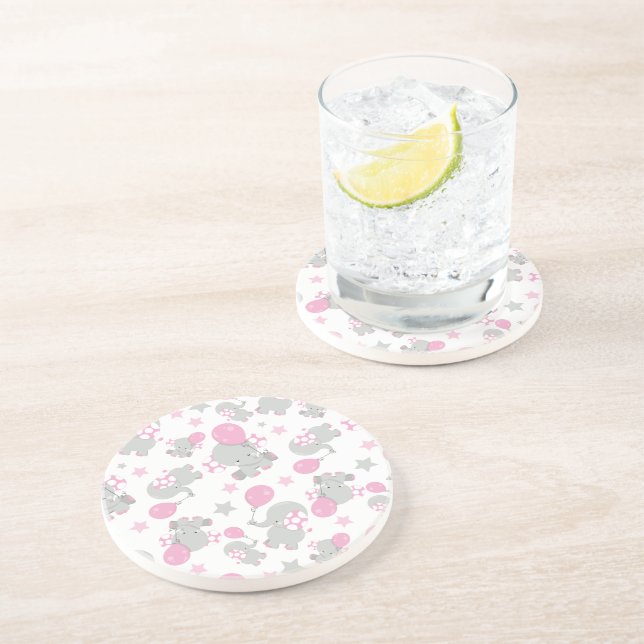 Dessous De Verre En Grès Pattern of Elephants, Cute Elephants - Pink Gray (Côté)