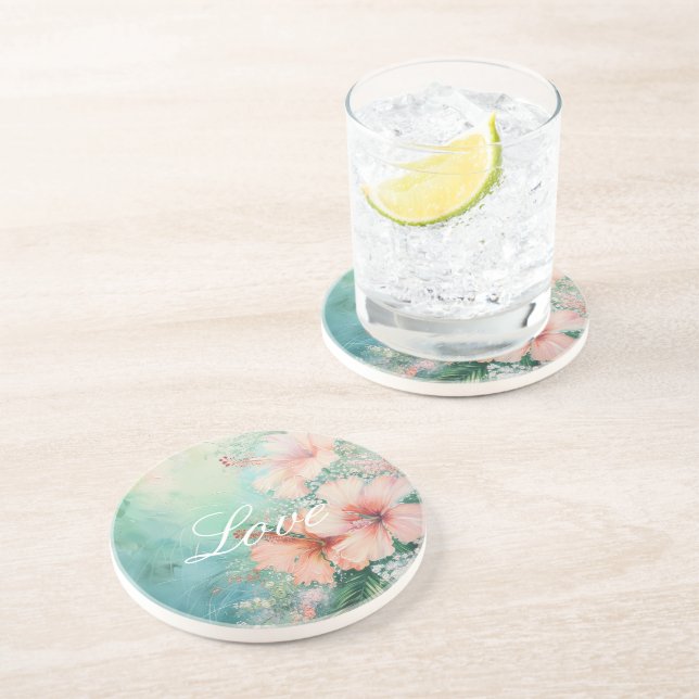 Dessous De Verre En Grès Pêche tropicale Hibiscus blanc Amour floral (Côté)