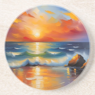 Dessous De Verre En Grès Peinture à l'huile de couché de soleil orange sur