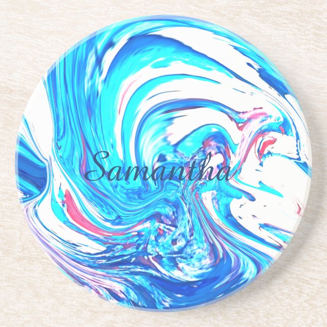 Dessous De Verre En Grès Peinture Acrylique Bleue Abstrait Splter Swirl (Devant)