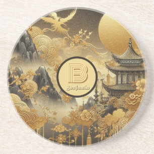 Dessous De Verre En Grès Peinture chinoise Faux Golden Dripping Monogramme