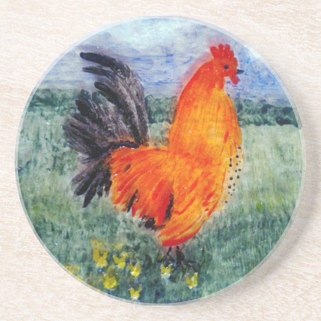 Dessous De Verre En Grès Peinture d'oiseau Coq Poulet (Devant)
