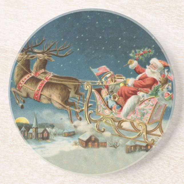 Dessous De Verre En Grès Père Noël Antique Sleigh Reindeer (Devant)