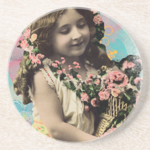 Dessous De Verre En Grès Petite fille vintage et fleurs