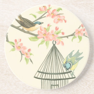 Dessous De Verre En Grès Petits oiseaux perchés sur une branche et sur une 