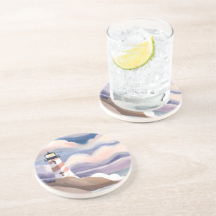 Dessous De Verre En Grès Phare de bord de mer   Peinture à l'aquarelle de l